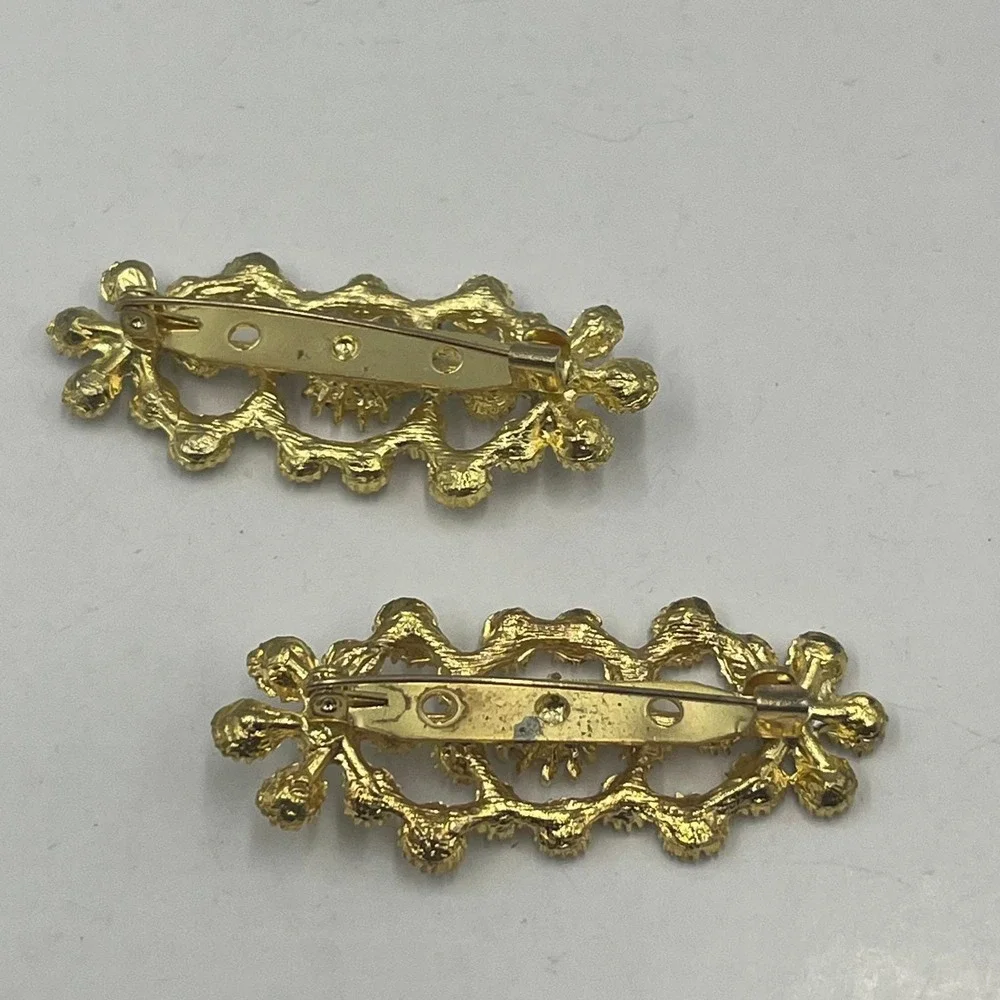 Vintage Gold Tone Rhinestone Brooch Pin Set of 2 Sparkly Crystal Classic Fashion